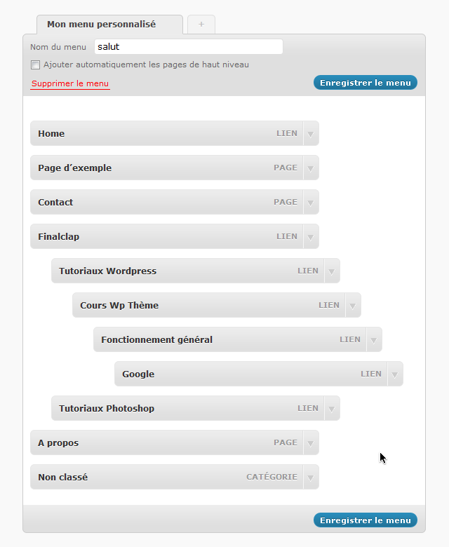 Menus personnalisés Wordpress