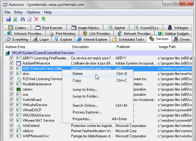 Autoruns delete service Windows