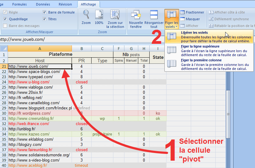 Figer les volets dans Excel