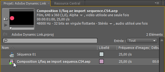 Adobe Dynamic Link, projet .aep importé dans Premiere Pro