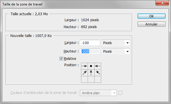 Taille de la zone de travail dans Photoshop