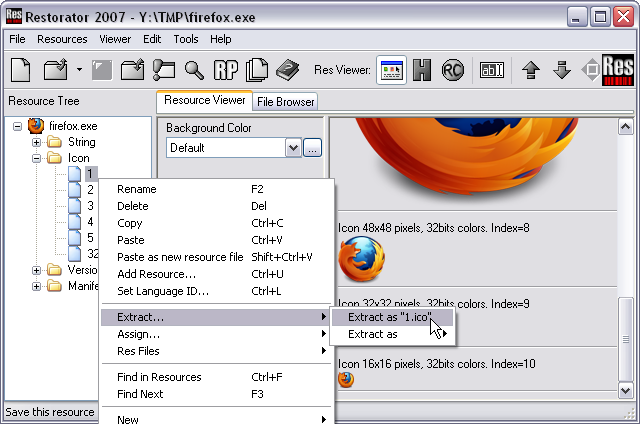 Extract icon firefox.exe avec Restorator 2007