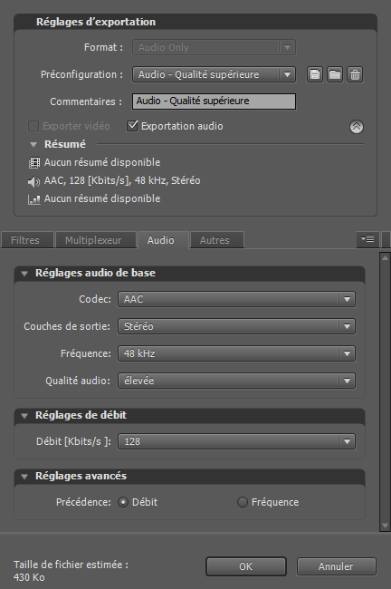 Réglages d'exportation AAC