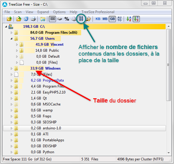 TreeSize Free, taille des dossiers d'un disque dur
