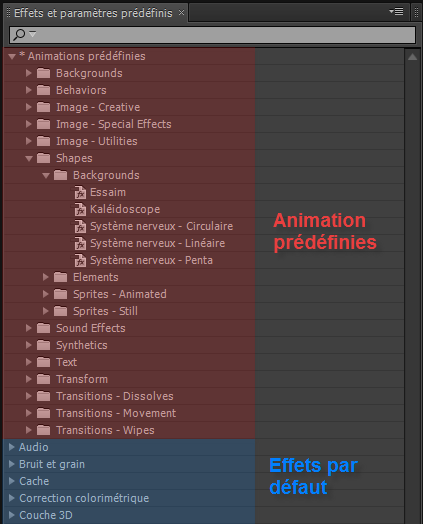 Panneau des effets et paramètres prédéfinis