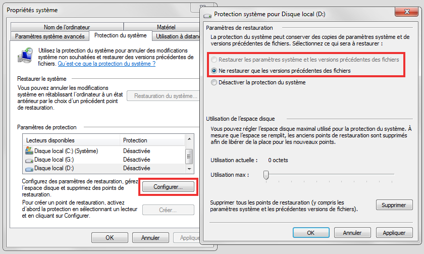 Protection du système (copie de sauvegarde shadow copyà sur Windows 7
