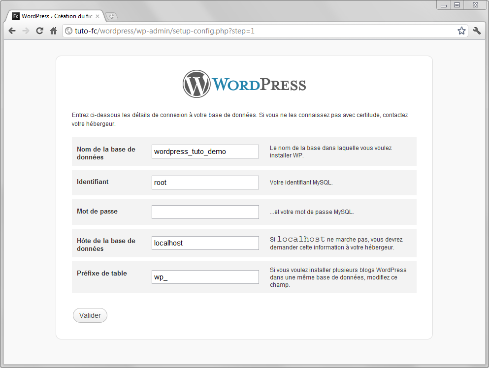 Installation de Wordpress sur EasyPHP - étape 3