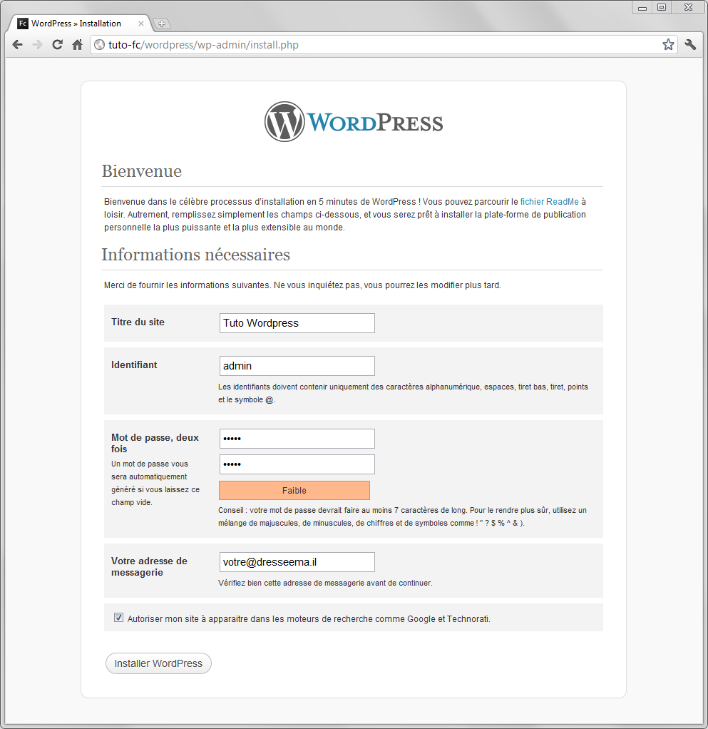 Installation de Wordpress sur EasyPHP - étape 5
