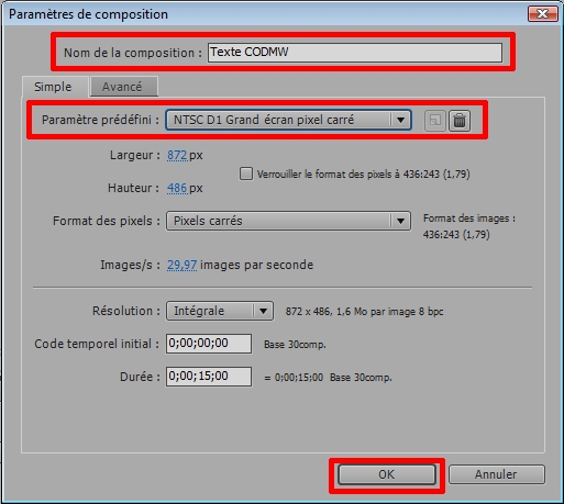 Paramètres de la composition