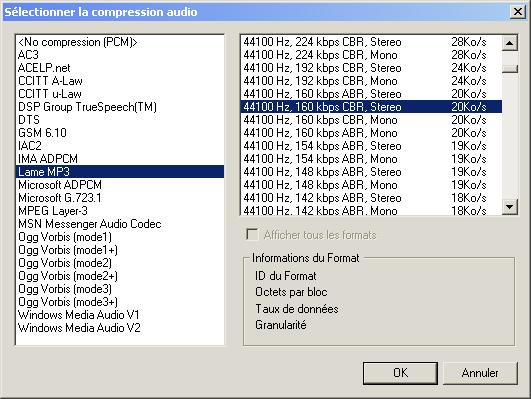Paramètres compression audio virtualdub